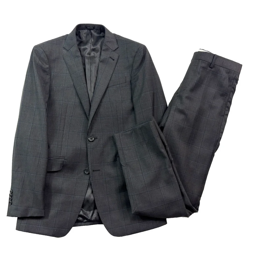 Joseph Abboud 36R 30x29 2pc Pant Suit Charcoal Navy Blue Windowpane Wool Joe‎